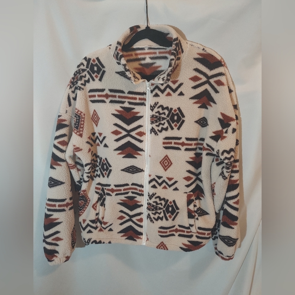 Amazon Cream, Brown And Black Southwestern Patterned Teddy Jacket
